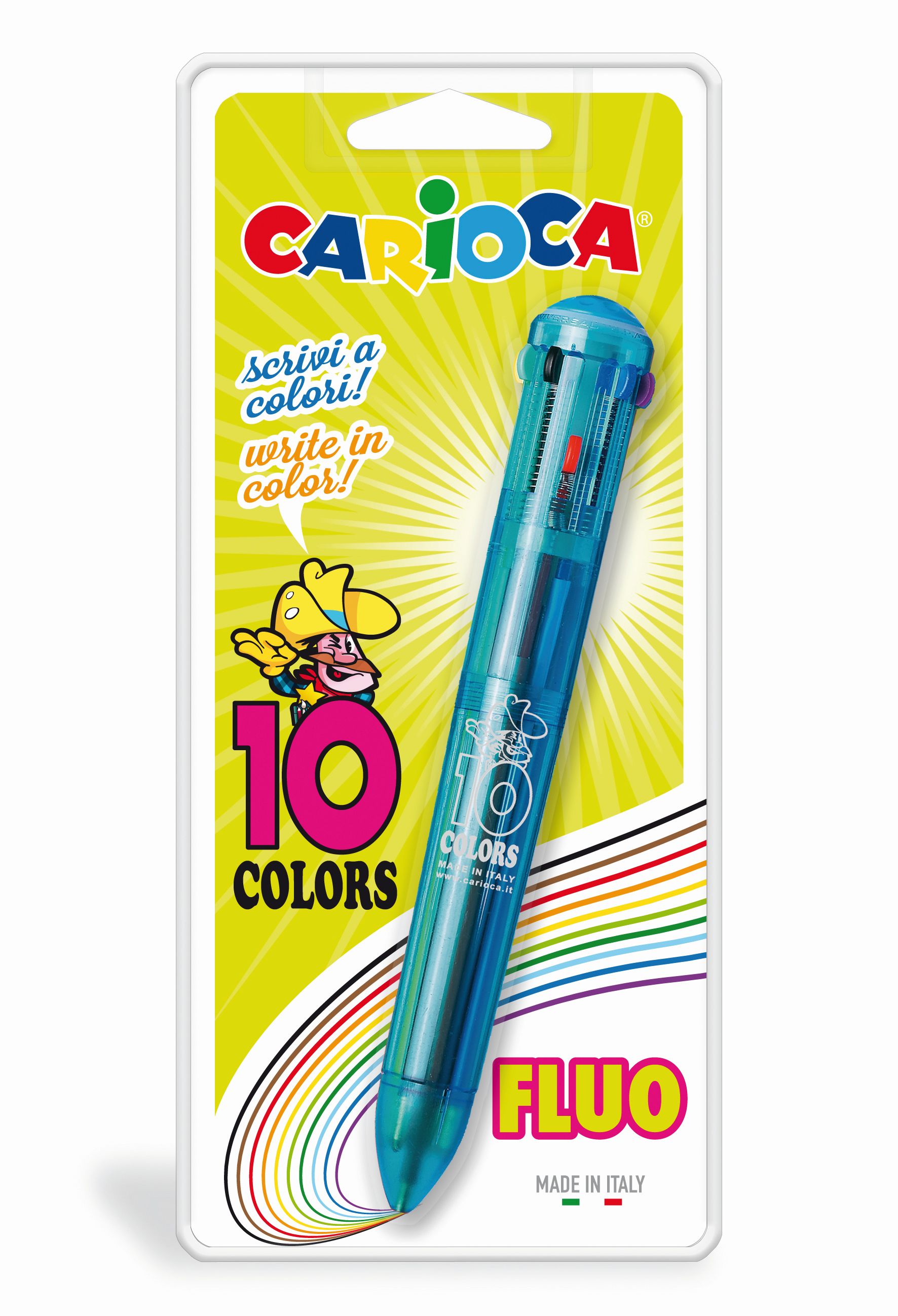 Pix cu 10 culori fluorescente, corp transparent color, blister, Carioca