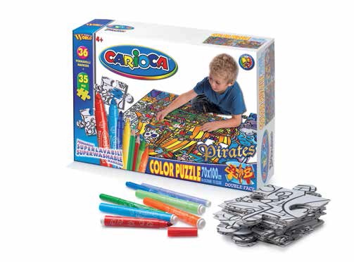 Maxi-Puzzle de colorat, 35 piese + 36 carioca lavabile, CARIOCA Adventures