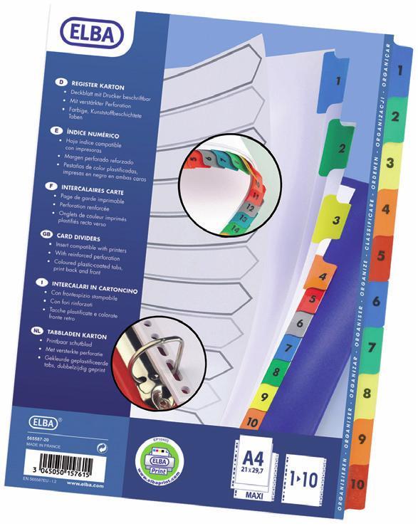 Index carton alb Mylar numeric 1-10, margine PP color, A4 XL, 170g/mp, ELBA
