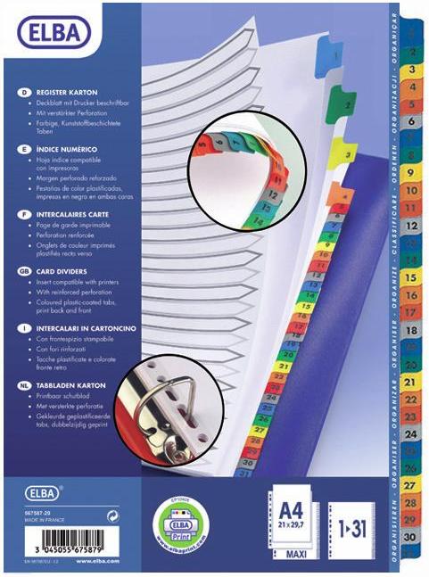 Index carton alb Mylar numeric 1-31, margine PP color, A4 XL, 170g/mp, Elba