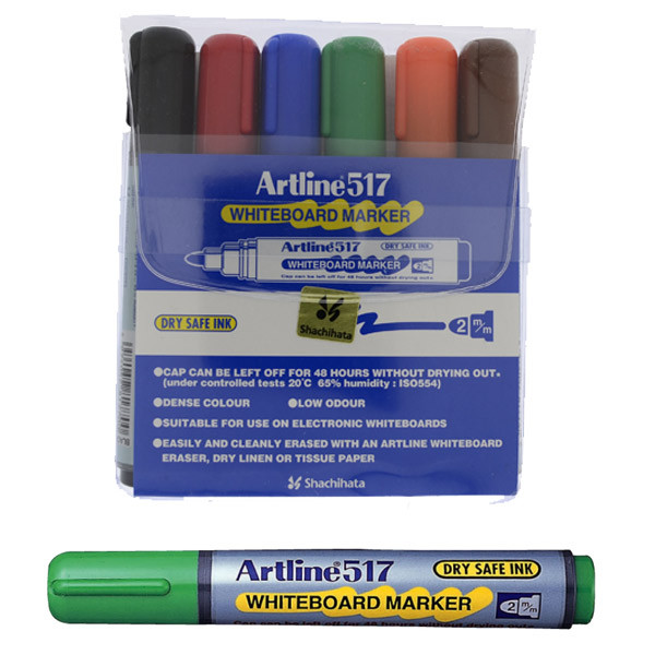 Marker pentru tabla de scris 517 6 culori/set  - Dry safe ink, varf rotund 2.0 mm, Artline
