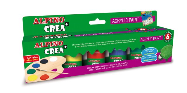 Vopsea acrilica, rezistenta la apa, 6 culori/set + pensula gratuita, ALPINO Crea+