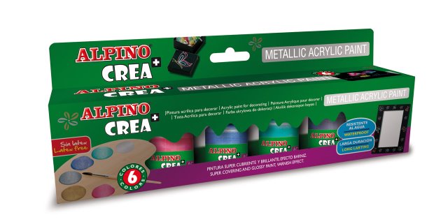 Vopsea acrilica metalizata, rezistenta la apa, 6 culori/set + pensula gratuita, ALPINO Crea+