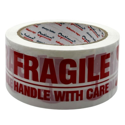 Banda adeziva pentru ambalare, 48mm x 60 m, 50 microni, Optima Fragile - alba cu imprimare rosie