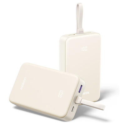 Baterie portabila Fast Charging, 20000mAh - USB, USB-C, Built-in Type-C Cable, 22.5W, 5V/3A - Beige