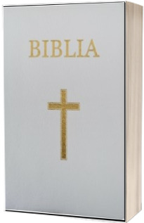 Biblia medie, 063, coperta piele, alba, cu cruce, margini aurii, repertoar si fermoar