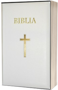 Biblie mare, 073, coperta piele, alba, cu cruce, margini aurii, repertoar, fermoar