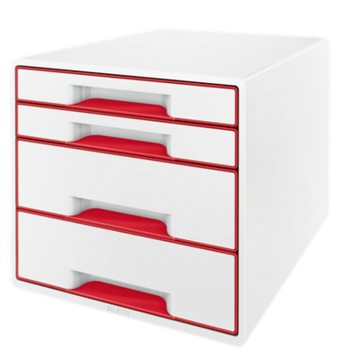 Cabinet cu 4 sertare, PS, reciclabil, A4, cu tavita organizare, alb-rosu