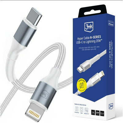 Cablu de date si incarcare. Data Cable Hyper N-Series - Type-C to Lightning, 20W, 9V/2A, 1m - White
