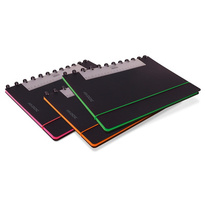 Caiet A4 dictando, 72 file - 90g/mp, coperta PP neagra, cu elastic, margine color, Aurora Adoc Edge