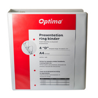 Caiet mecanic A4, cu buzunar, plastifiat PP, 4 inele - D65 mm, cotor 90mm, alb