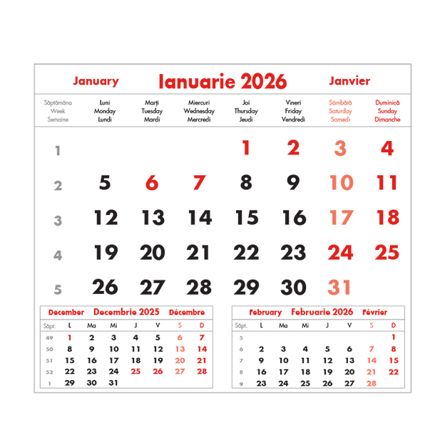 Calendar 2026 de perete fara margini cu 12 file. Maxi