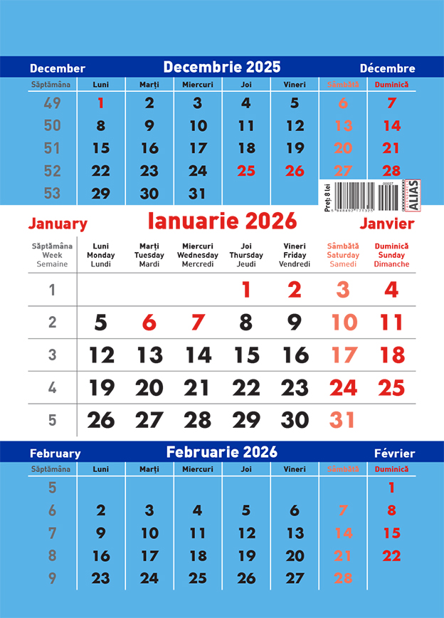 Calendar 2026 de perete fara margini cu 12 file. Triptic A5