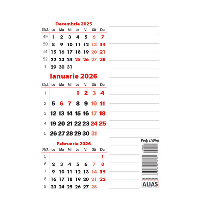 Calendar 2026 de perete fara margini cu 12 file. Triptic cu magnet