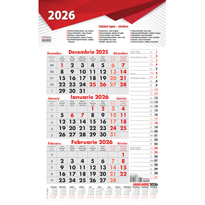 Calendar 2026  de perete fara margini cu 12 file. Triptic planner