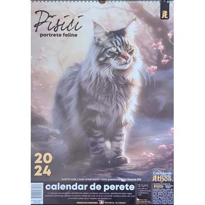 Calendar de perete A3 cu spira metalica si agatatoare 2024. Pisici, portrete feline