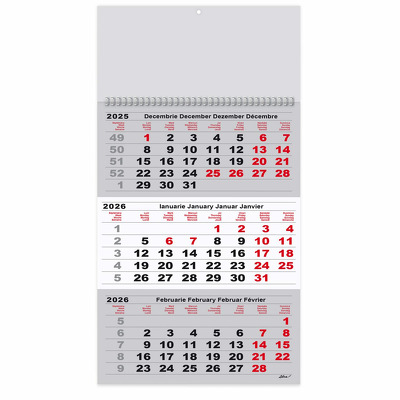Calendar triptic A3 2026 12 file hartie lucioasa, gri