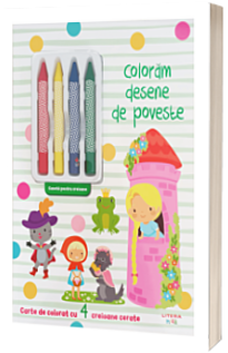 Coloram desene de poveste. Carte de colorat cu 4 creioane cerate