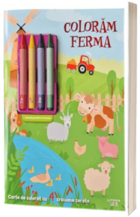 Coloram ferma. Carte de colorat cu 4 creioane cerate