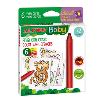 Creioane cerate, 6 culori/set, si 6 carduri cu animale, pt. colorat, ALPINO Baby