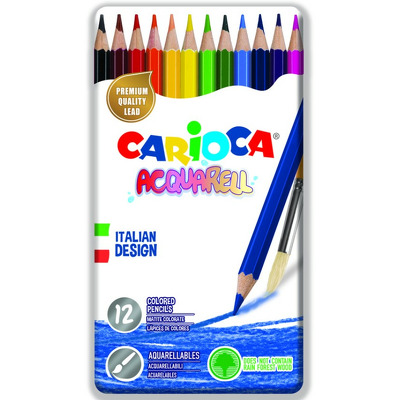 Creioane colorate Carioca Acquarell, hexagonale, 12 culori/cutie - cutie metalica