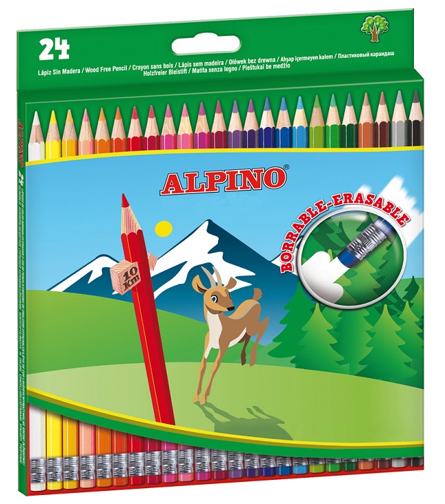 Creioane colorate cu guma, cutie carton, 24 culori/set, Alpino Erasable