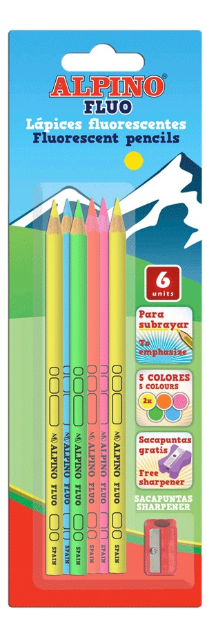 Creioane colorate fluorescente, 6 culori/blister   ascutitoare, Alpino Fluo