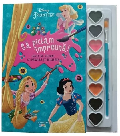 Disney. Printese. Sa pictam impreuna! Carte de colorat cu pensula si acuarele