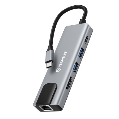Docking Station Techsuit NetBridge 5-in-1 H1 - Type-C la USB 2.0, USB 3.0, Type-C, HDMI, RJ45, PD 87W, 4K@30Hz, Gri