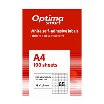 Etichete albe autoadezive 65/A4, 38 x 21.2 mm, 100 coli/top, Optima Smart