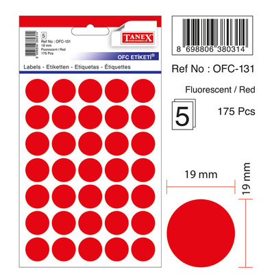 Etichete autoadezive color, D19 mm, 175 buc/set, Tanex - rosu