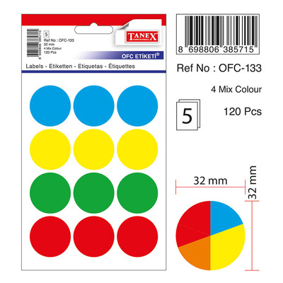 Etichete autoadezive color mix, D32 mm, 60 buc/set, Tanex - culori asortate