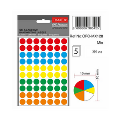 Etichete autoadezive rotunde, D10 mm, 540 buc/set, TANEX, culori fluorescente asortate