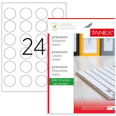 Etichete polyester albe, autoadezive, 24/A4, D40mm - rotunde, 25 coli/top, Tanex