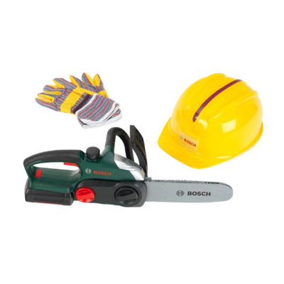 Ferastrau cu lant Bosch cu manusi si casca de lucru