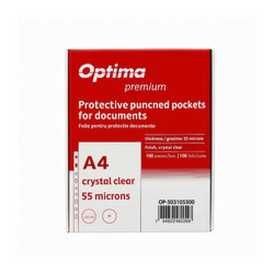 Folie protectie pentru documente A4, 55 microni, 100 folii/cutie, Optima Premium - cristal
