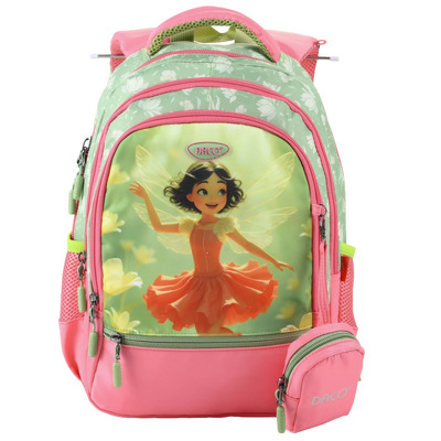 Ghiozdan scolar roz/verde cu 4 compartimente, 38 cm