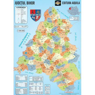 Harta administrativa a judetului Bihor, dimensiune 70 x 50 cm
