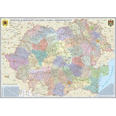 Harta administrativa, fara sipci, Romania si Republica Moldova. Dimensiuni 1600x1200 mm