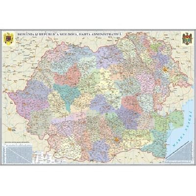 Harta administrativa, fara sipci, Romania si Republica Moldova. Dimensiuni 700x500 mm