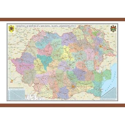 Harta administrativa, Romania si Republica Moldova. Dimensiuni 700x500 mm