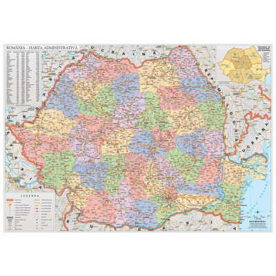 Harta de perete Romania administrativa. Dimensiune 100x70cm, cu sipci din plastic