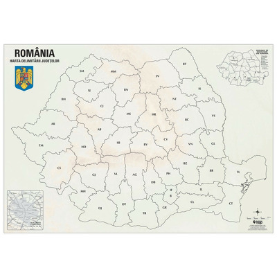 Harta de perete Romania cu delimitarea judetelor. Dimensiune 140x100cm, cu sipci din lemn