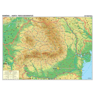 Harta de perete, Romania Fizico-Geografica. Dimensiune 160x120cm, cu sipci din lemn