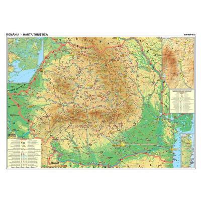 Harta de perete Romania Turistica. Dimensiune 200x160cm, cu spici din lemn