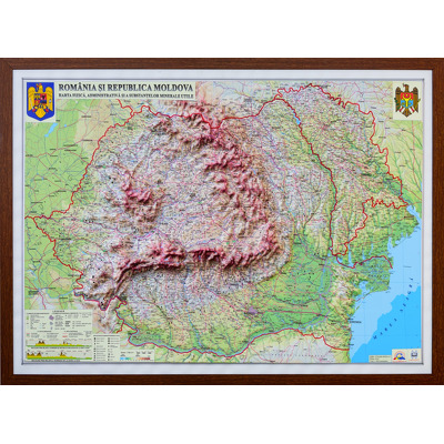 Harta fizica, administrativa si a resurselor de subsol, Romania si Republica Moldova. Dimensiuni 1000x700 mm