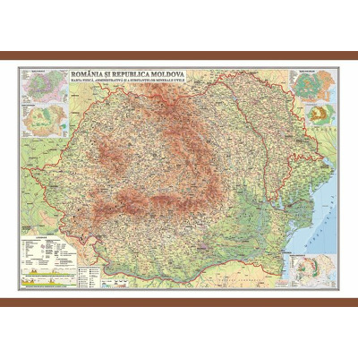 Harta fizica, administrativa si a resurselor de subsol, Romania si Republica Moldova. Dimensiuni 1000x700 mm