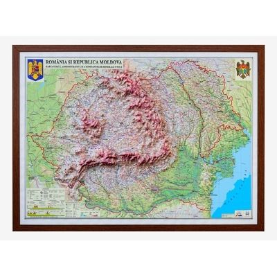 Harta fizica, administrativa si a substantelor minerale utile model 3D, Romania si Republica Moldova. Dimensiuni 1400x1000 mm