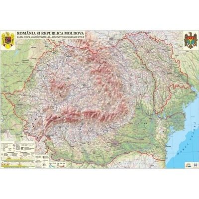 Harta fizica, administrativa si a substantelor minerale utile, Romania si Republica Moldova. Harta de contur, dimensiuni 500x350 mm, fara sipci