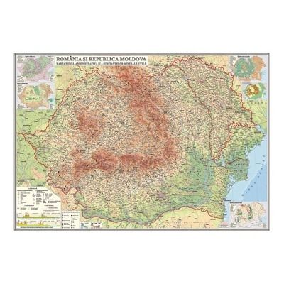 Harta, fizica, administrativa si a substantelor minerale utile, Romania si Republica Moldova. Harta de contur, dimensiuni 600x470mm, fara sipci
